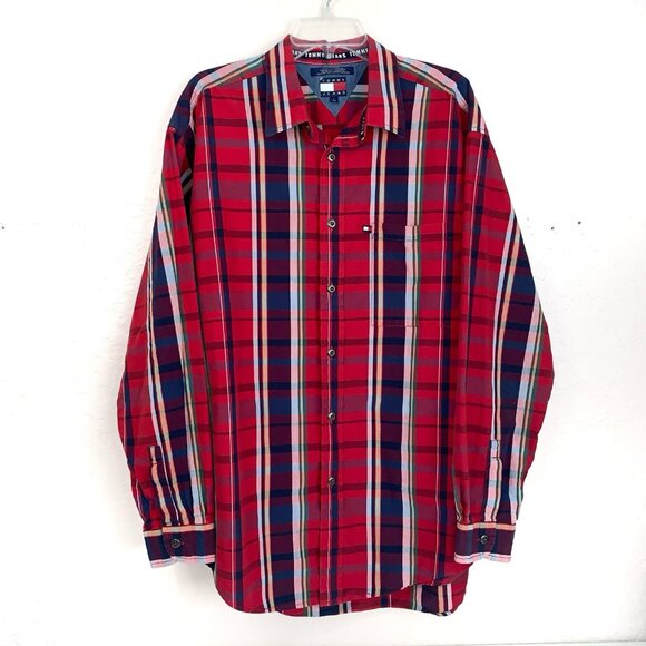 Vintage Tommy Hilfiger Shirt Mens Large Red Blue Plaid Long Sleeve Button Up - Picture 1 of 10